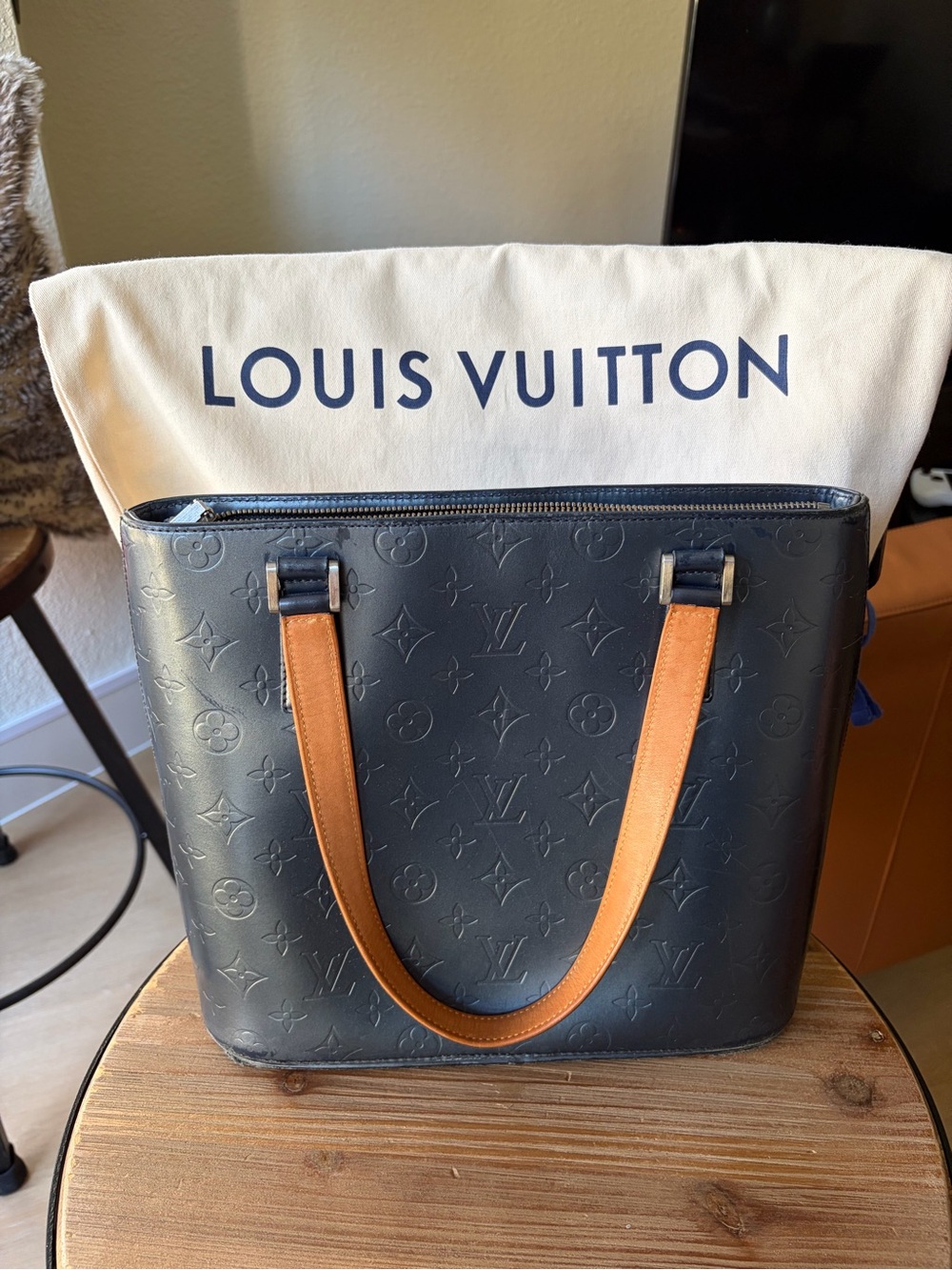 Louis Vuitton Blue Monogram with Tan Handles. M55115 Stockton Bleu w/ Dust Bag